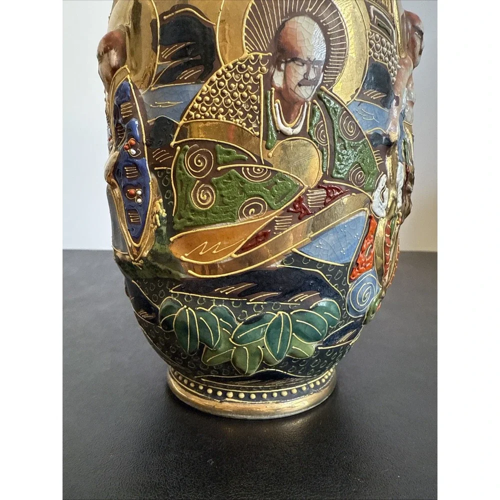 Antique Japanese Intricate Raised Enamel Moriage Satsuma Vase 6 Immortals Dragon